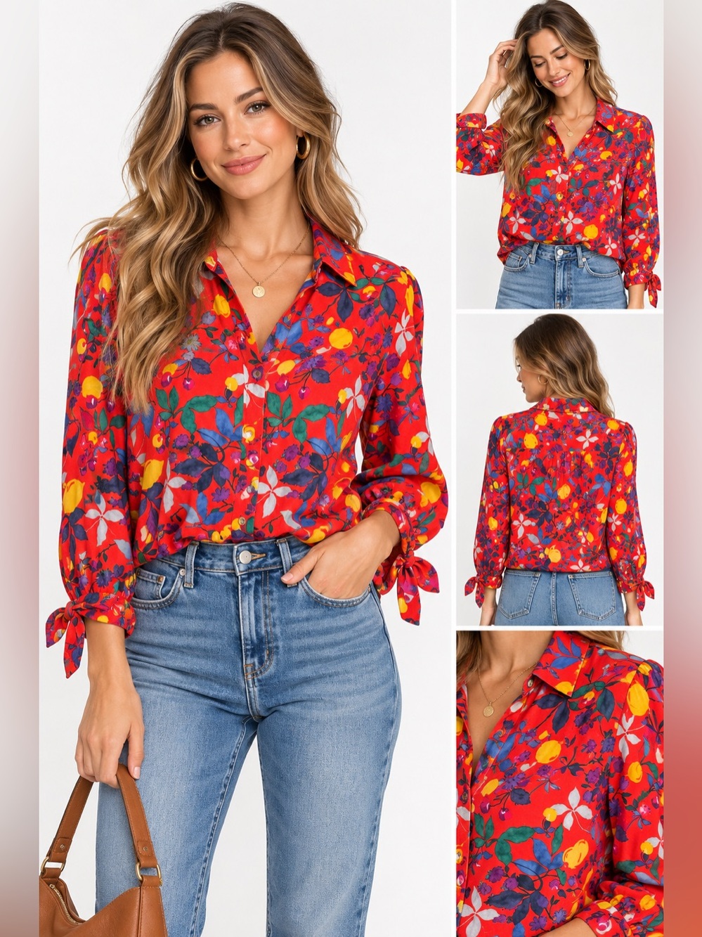 maeve anthropologie red floral button down blouse tie cuff size 8
